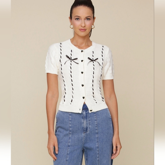 Avec Les Filles White & Black Bow Trim Heart Button Up Cardigan Sweater - Picture 6 of 11